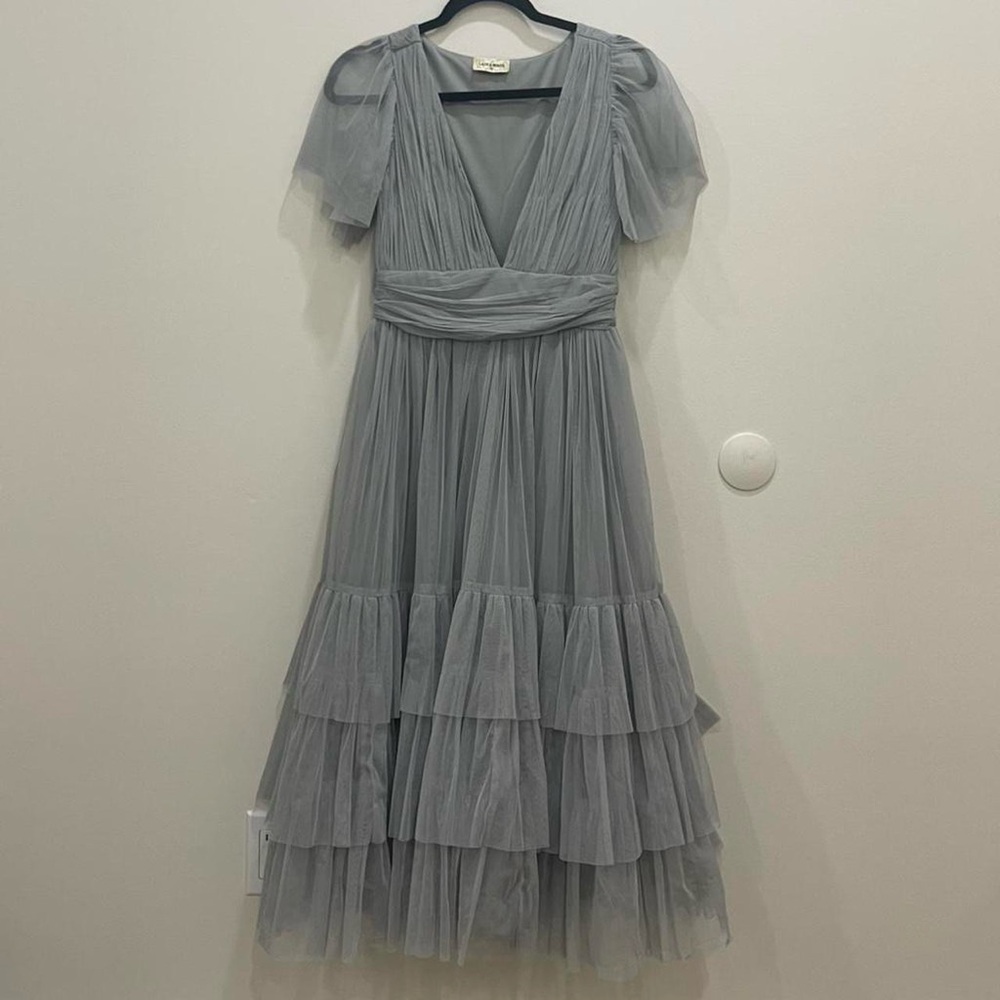 LACE AND BEADS MADISON TULLE MIDI DRESS IN GREY